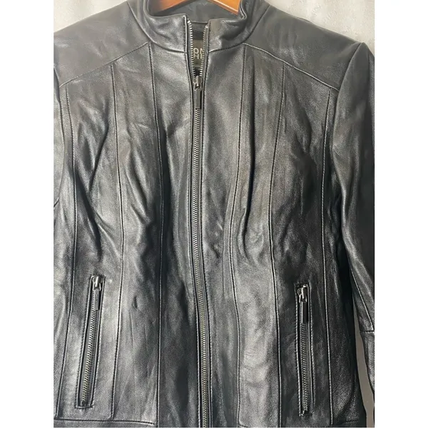 Wilson Black Leather Stand-Collar Zip Moto Grunge Sleaze Fitted Jacket S - Image 3