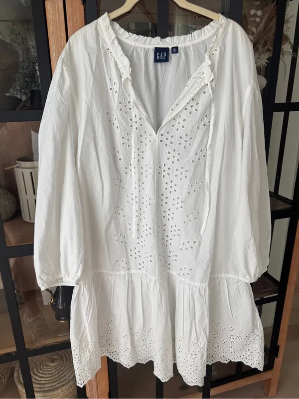 GAP eyelet embroidered long sleeve dress tie front cotton tiered ruffle hem - Image 5