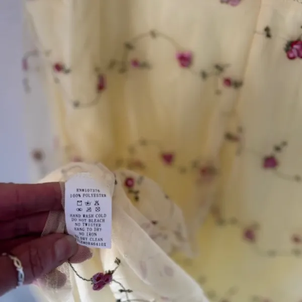 Angela Womens 1X Yellow Embroidered Floral Mesh Overlay A Line Dress Ruffle Cap - Image 7