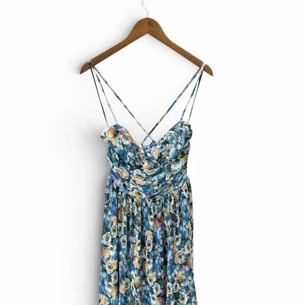 Lulus Aleyna Blue Multi Abstract Pleated Lace-Up Bustier Midi Dress size L NWT - Image 6