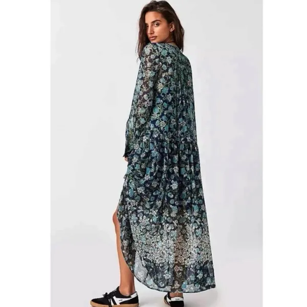 Free people Bohemian See it through Maxi Dress Twilight Floral Large Retro 70s - Image 7