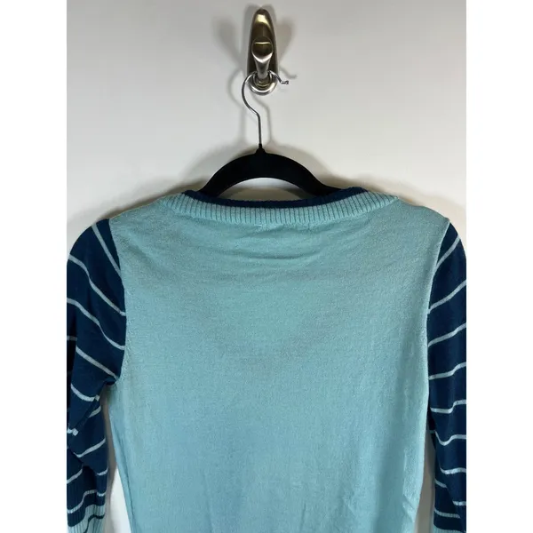 Smartwool Womens Merino Wool V-Neck Striped Sleeve Sweater Light Blue Navy‎ - Image 7