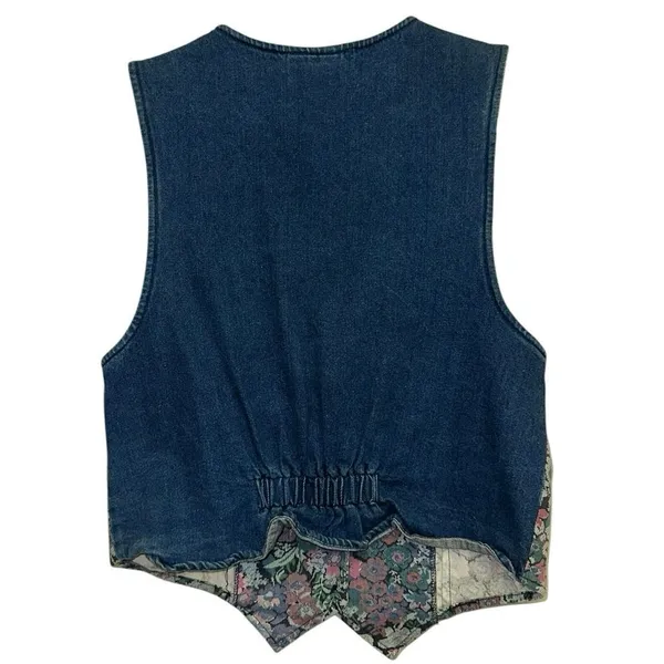 Vintage Denim Floral Tapestry Vest Womens Medium Western Boho Waistcoat - Image 3