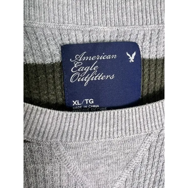 American Eagle Outfitters Striped Thermal Sweater Olive Gray XL Y2K Collegiate - Image 2