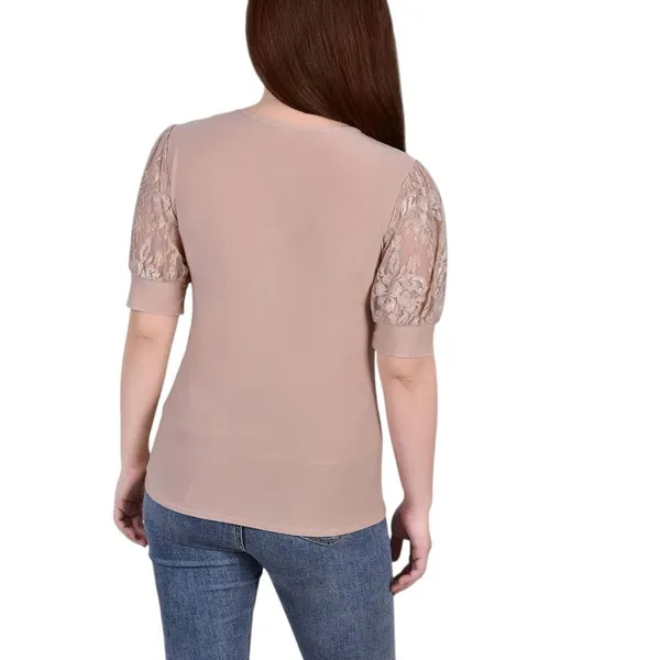 NWT Ny Collection Petites Keyhole Lace Trim Blouse Shirt Top Doeskin Brown PL - Image 2