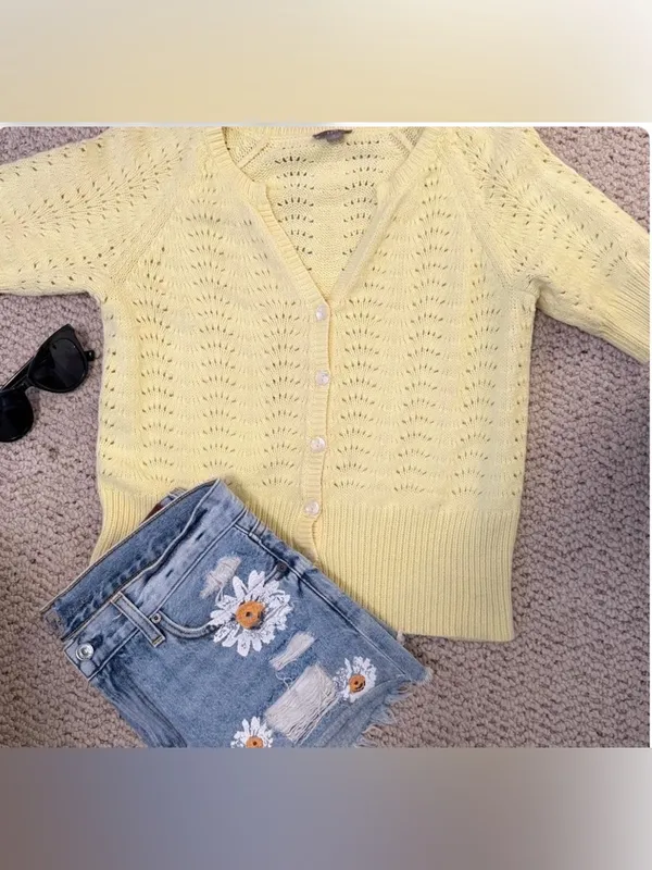 J. Jill Butter Yellow Pointelle Cardigan Small Soft‎ Girl Coastal Grandma - Image 2