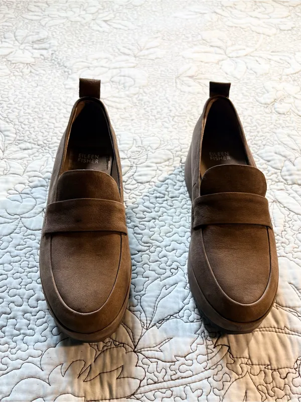 💥 Eileen Fisher Max Nubuck Leather Wedge Platform Loafers Taupe Sz 7 🧡 - Image 2