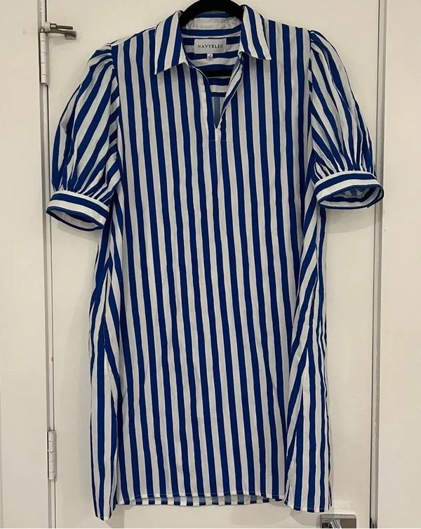 Navy Bleu Royal Stripe Puff Sleeve Shirt Dress - Image 2