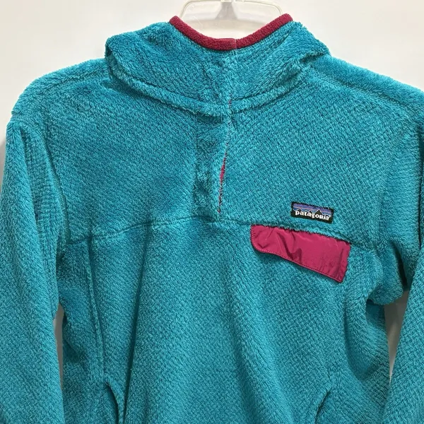 Patagonia Women's Teal Blue Magenta Hooded Snap Retool Fleece Pullover Sz Medium - Image 2