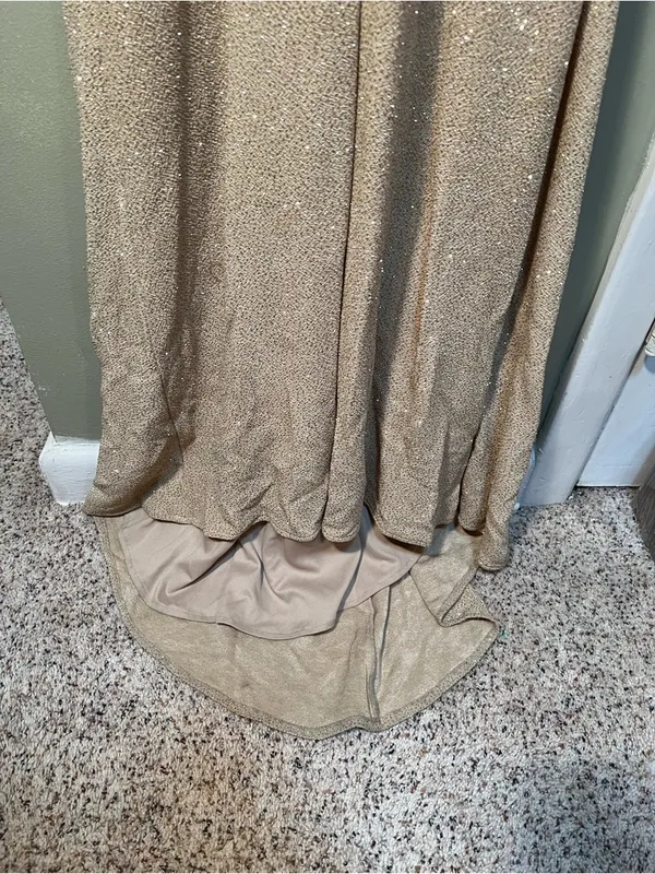Vintage Bari Jay Women's Maxi Dress Halter V-Neck Cinched Beige‎ Gold Glitter - Image 4