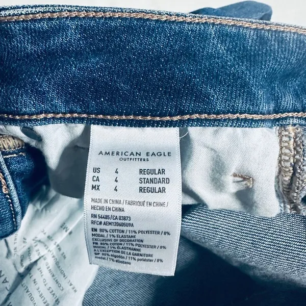 American Eagle Outfitters Dark/Midwash Distressed Hem Mom Jeans - Image 5