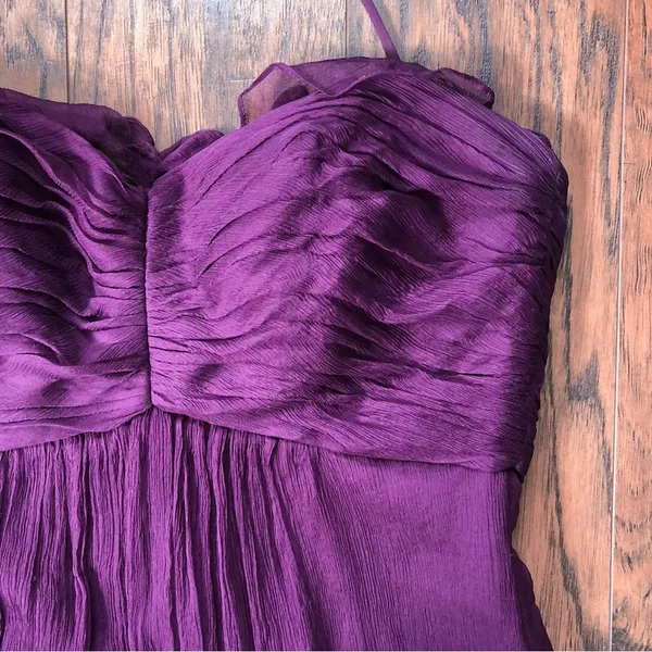 Amsale • plum silk chiffon dress bridesmaid crinkle halter purple formal G425C - Image 5