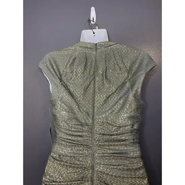 Maggy London Dress Womens 4 Gold Metallic Chevron Ruched V Neck Sheath Midi - Image 7