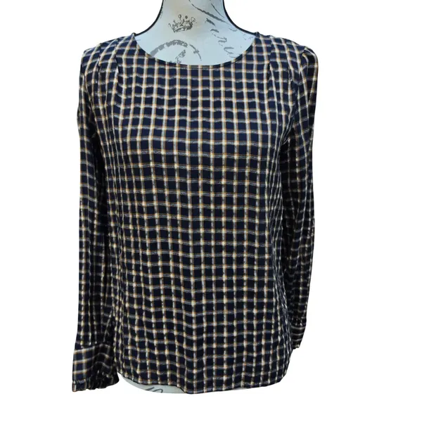 LOFT Navy Blue Mustard Yellow Plaid Long Sleeve Blouse Small‎ - Image 2
