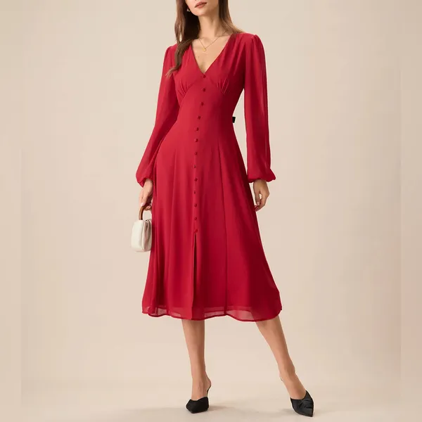 Rihoas Women's Red V-Neck Puff Sleeve Slit Midi Dress - Image 3