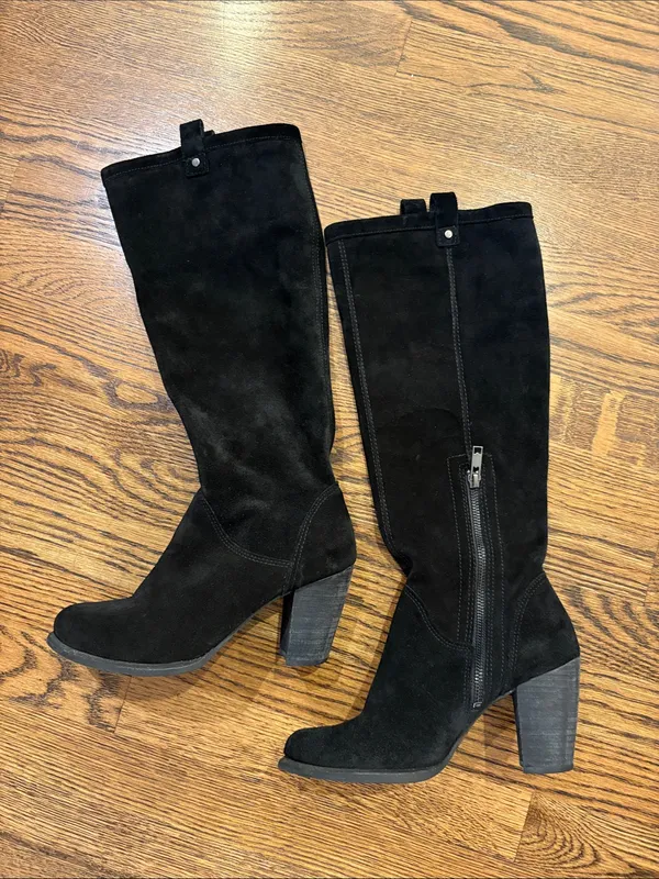 UGG Black Suede Knee-High Block Heel Boots - Women, 7, block heel - Image 2