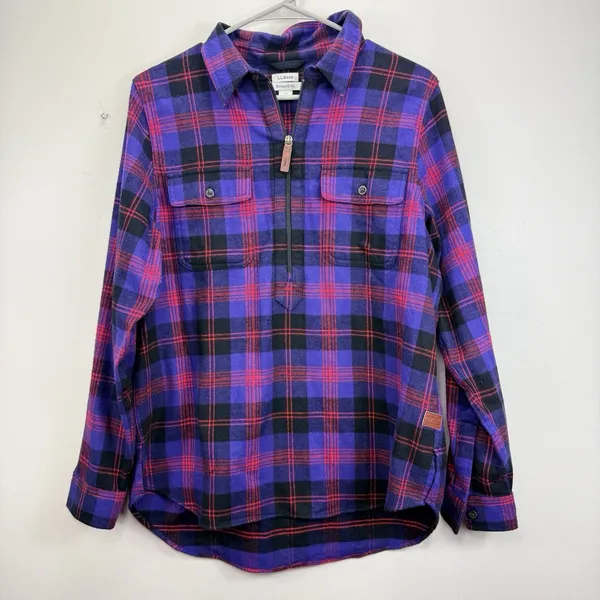 LL Bean Purple Scotch Plaid 1/4 Zip Cotton Flannel Shirt Relaxed MEDIUM - Image 3