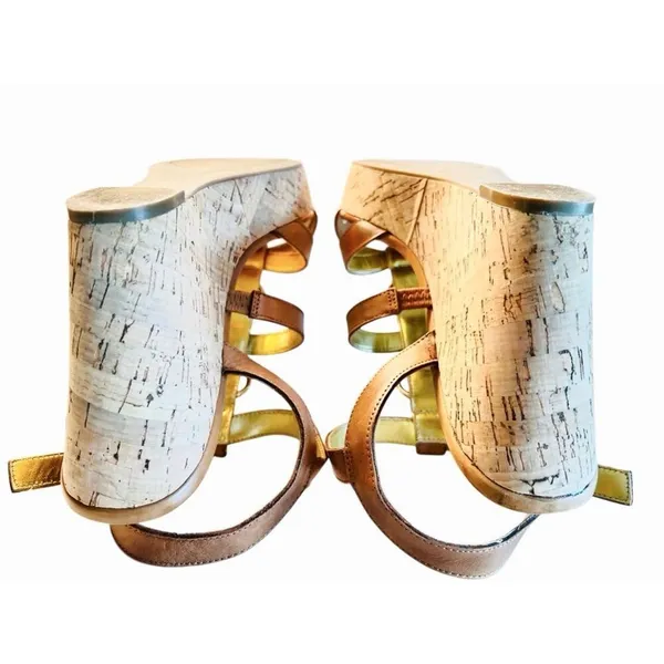 Marc Fisher Genny Brown‎ Leather Strappy Wedge Sandals Gold Metallic Details 10M - Image 6