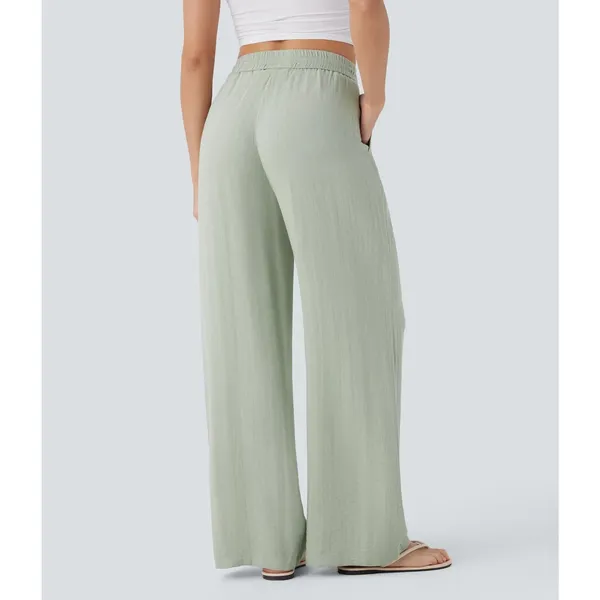 Halara Pale Aqua High Waist Drawstring Wide Leg Casual Linen-Feel Pant S Petite - Image 3
