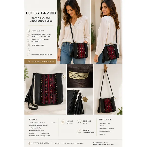 Lucky Brand Leather Crossbody Purse Black Red Embroidered Boho Tassel EUC - Image 14