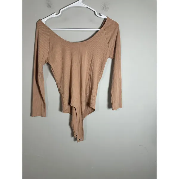 Banana Republic Womens Ribbed Long‎ Sleeve Scoop Neck Bodysuit Tan Beige Small - Image 5