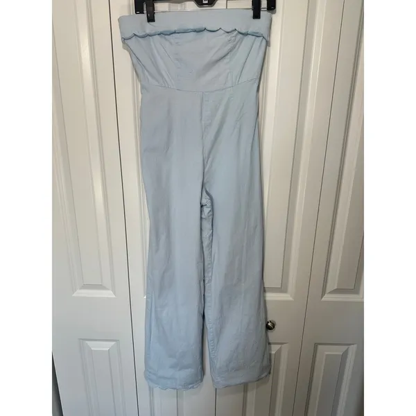 The Frolic‎ Strapless Plum Scallop Jumpsuit S Light Blue Wide Leg Anthropologie - Image 2
