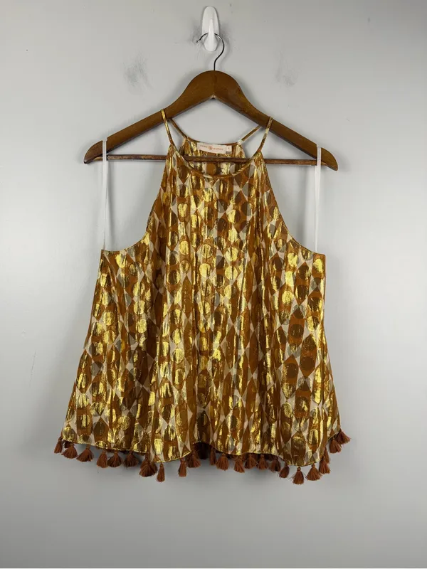 Tory Burch Danielle Gold Diamond Metalic Halter Tassel Camisole silk blend size - Image 2