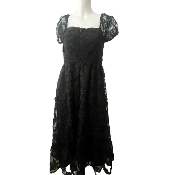 Lulus black dress M Notable Elegance Floral Appliqué Bustier Midi Party Formal - Image 2