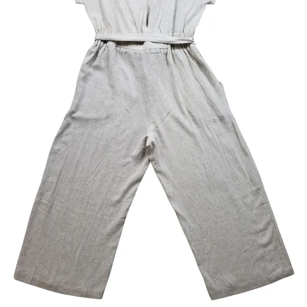 Monteau Jumpsuit Womens Large Beige Linen Wide Leg V-Neck Cropped Boho Overall - Image 14