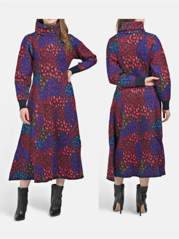 FARM RIO LEOPARD MIX DOUBLE KNIT TURTLENECK SWEATER DRESS size XS EUC - Image 4