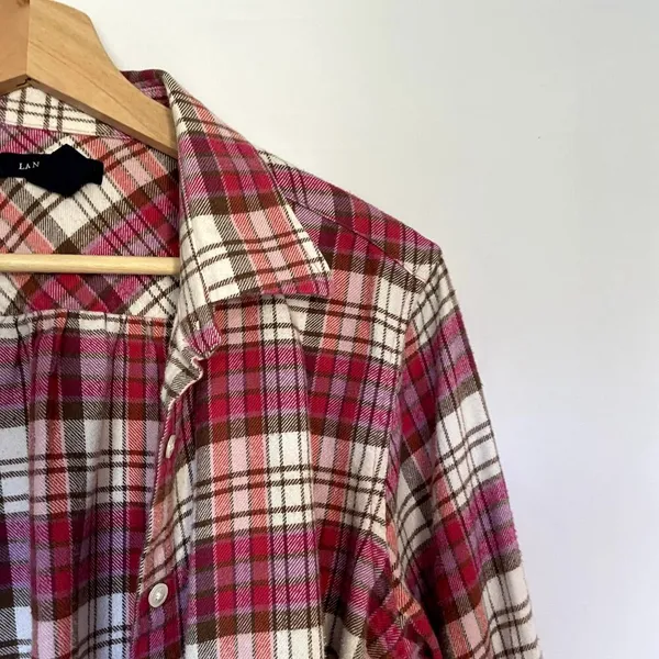 Lands'‎ End pink white checkered button down long sleeved flannel top women's M - Image 2
