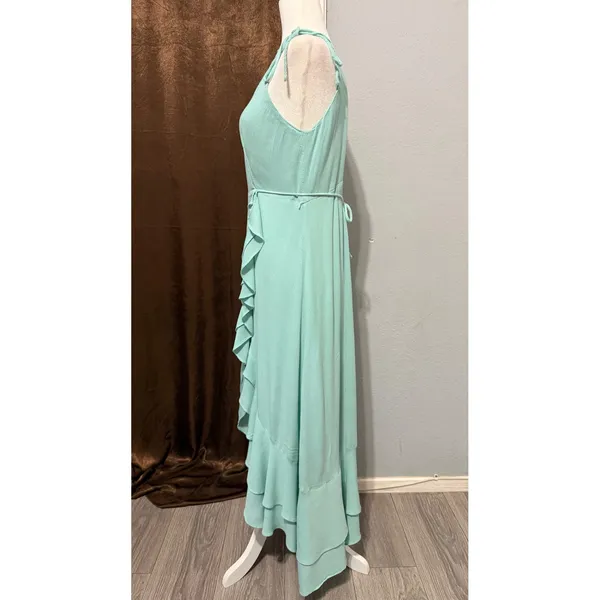 Maxi Wrap Dress Size L Mint Green Ruffle High-Low Cottagecore Coastal Romantic - Image 3