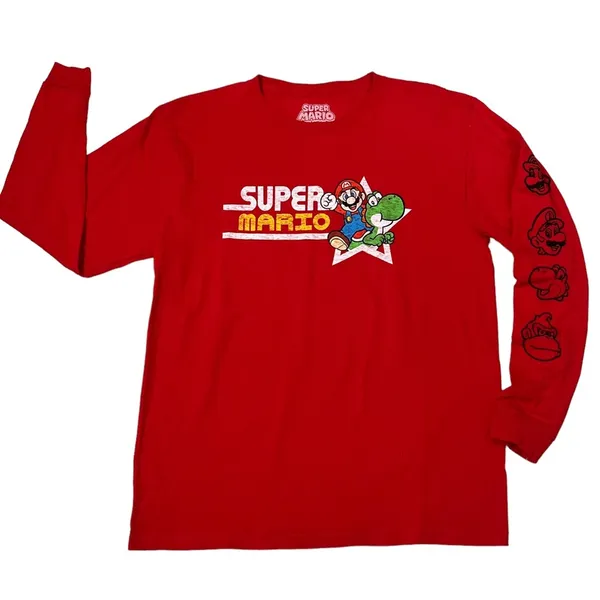 Nintendo Super Mario Long Sleeve T-Shirt Red Tee Crew Neck Video Game - Image 9