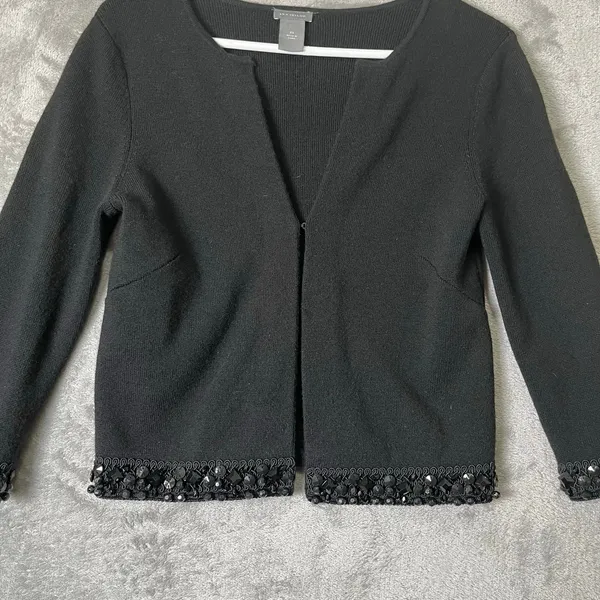 Ann Taylor Black Fine Knit Merino Cardigan Sequin Edge Trim‎ XS Minimalist - Image 2