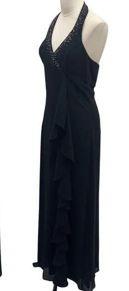 Vintage Y2k Rhinestone Halter Ball Gown V Neck Surplice Ruffle Front Black 4 - Image 2