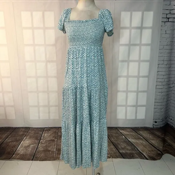 Daily Practice Anthropologie Blue and White Chevron smocked tiered Maxi Dress Si - Image 3