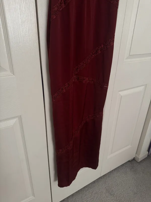 Meshki Deep Wine Red Lace Cutout Satin Effect Maxi Dress - Image 6