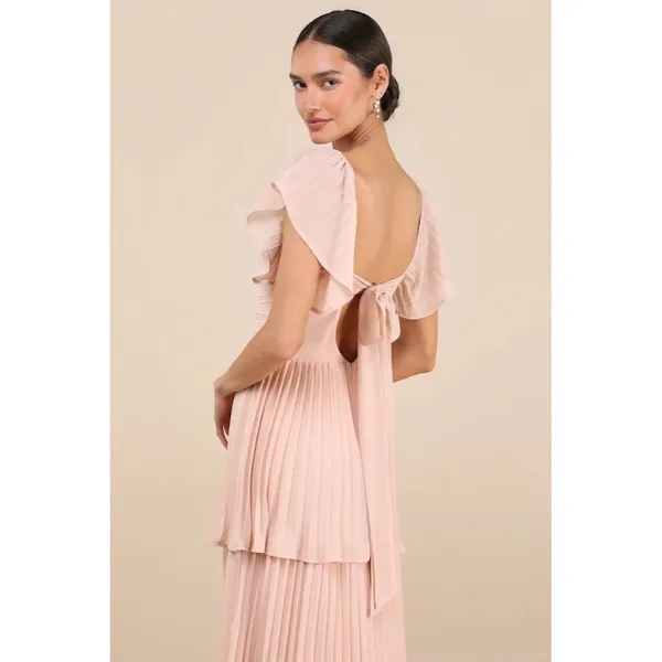 Lulus Notorious Charm Blush Pleated Flutter Sleeve Maxi Dress Size XS Formal - Image 3