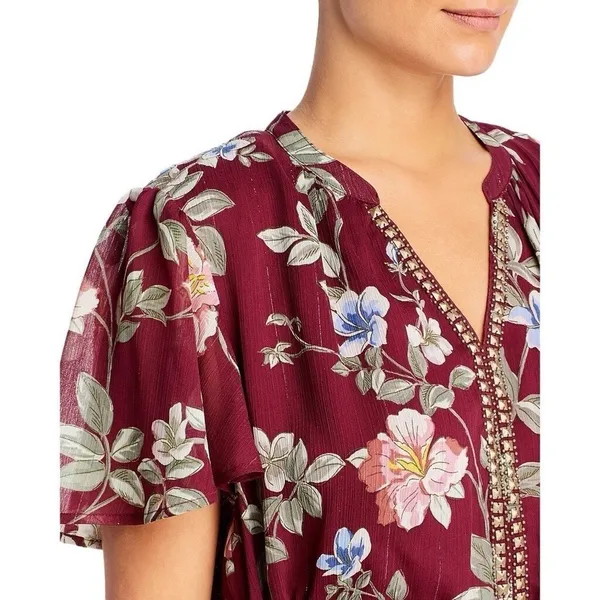 TOMMY BAHAMA Painted Petal Midi Floral Dress Metallic Embellished Beads X-Small - Image 4