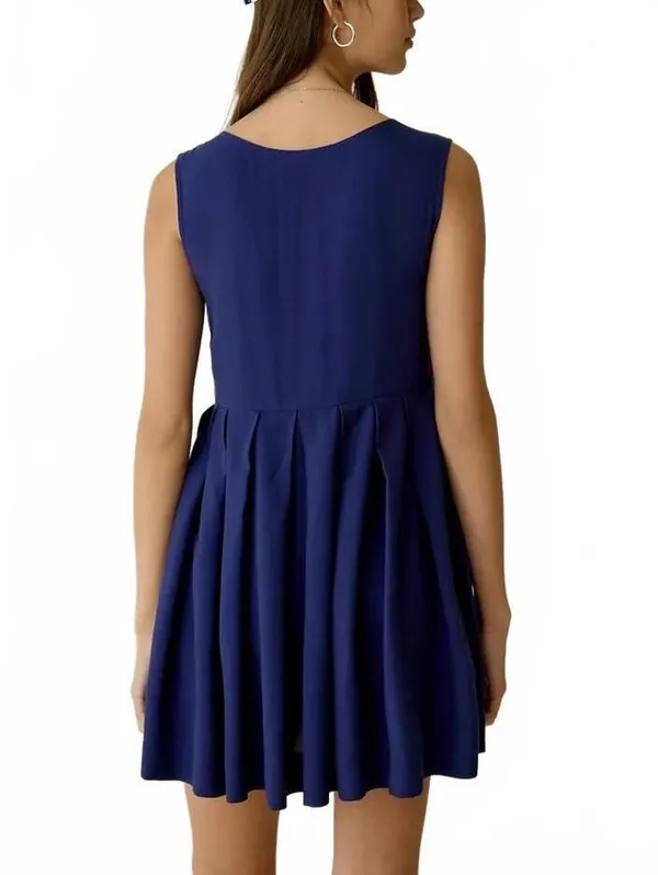 Urban Outfitters UO Popover Pleated Babydoll Mini Dress Navy Small - Image 4