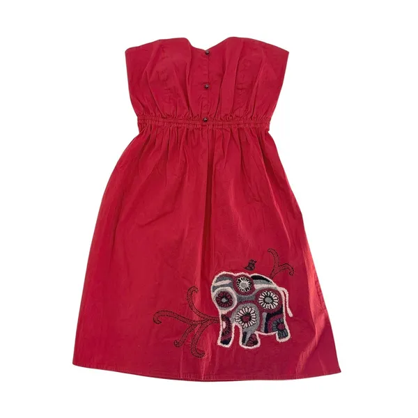 Judith March Strapless Dress Small Red Elephant Embroidery Boho Smocked Back‎ - Image 2