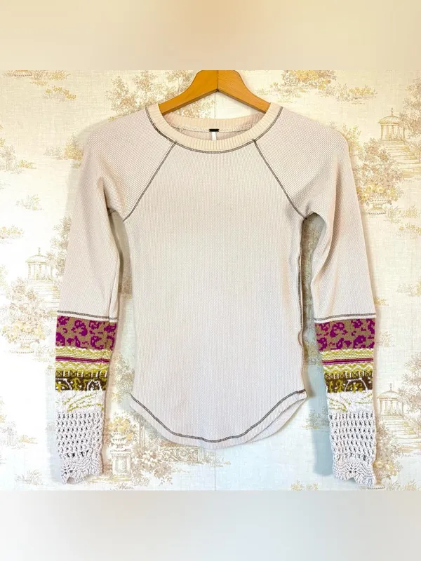 Free People In The Mix Cuff Cream Crochet Embroidered Boho Thermal Top XS - Image 3