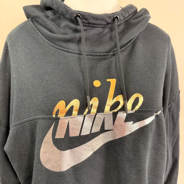 Nike Womens Black Metallic Gold Silver Logo Cropped Hoodie‎ Sweatshirt Size M - Image 5