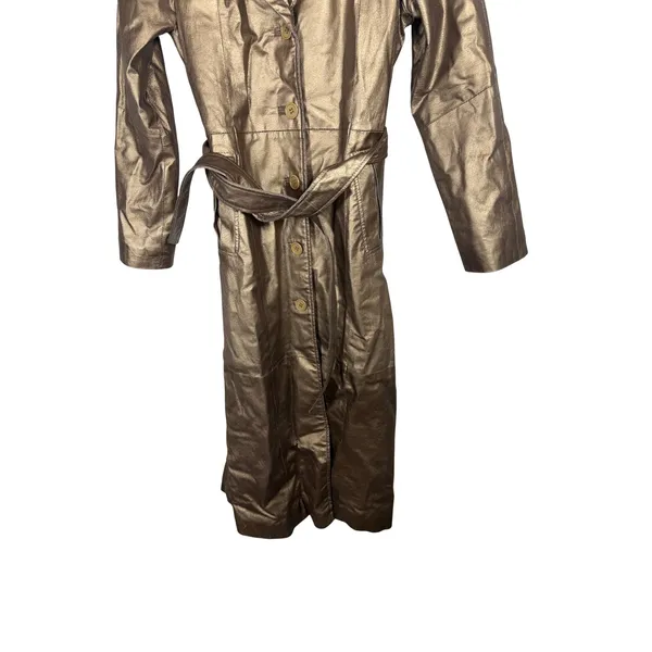 Metrostyle Women Metallic Bronze Genuine Leather Trench Coat Long Belted Small - Image 4