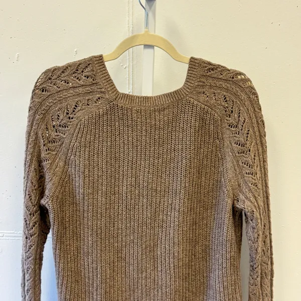 LOFT Ann Taylor Brown Cotton Camel Hair Blend Pointelle Raglan Sweater Women's M - Image 5