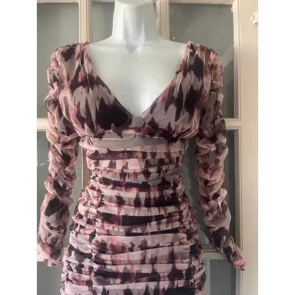 Zara Draped Tulle Mini Dress Brown Women's‎ Size XS Long Sleeve V-Neck - Image 10