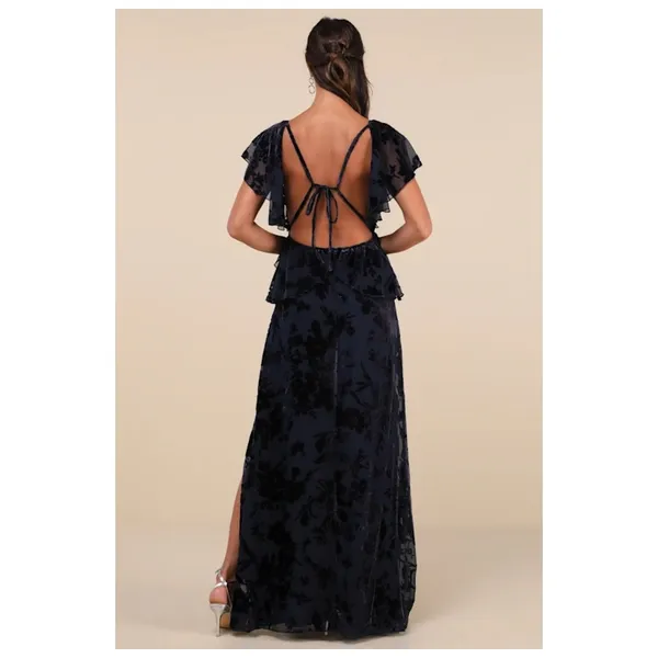 NWT Lulus Romantic Wonder Navy Burnout Velvet Ruffled Tie-Back Maxi Dress Size S - Image 3