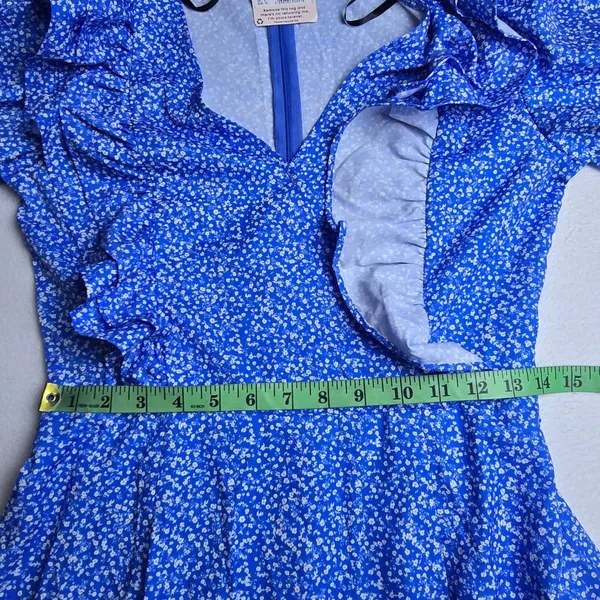 Missguided NWT Blue Floral Ruffle Faux Wrap‎ Mini Dress Puff Sleeve Womens 6 - Image 9