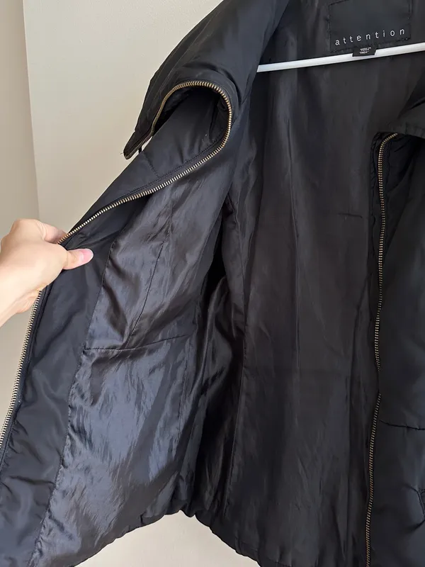 attention Black Fitted Puffer Jacket, Wide Collar, Gold Hardware, Size Small - Image 13