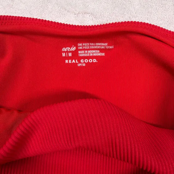 Aerie Real Good Ribbed Strapless Cutout One-Piece Swimsuit Red Medium - Image 3